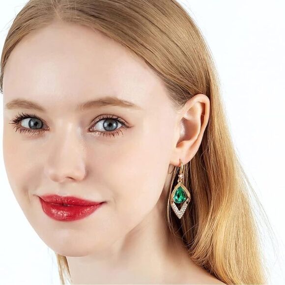 14K Yellow Gold with Emerald Green Austrian Crystal Halo Leaf Teardrop Earrings - Picture 6 of 7